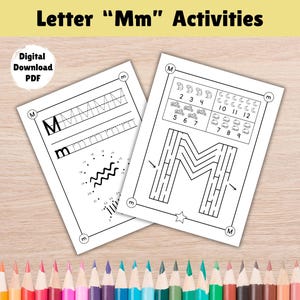 Letter M Activity Sheet, Preschool Alphabet Curriculum Letter of the Week, Counting to 10 Practice, Kindergarten Handwriting Letter Tracing