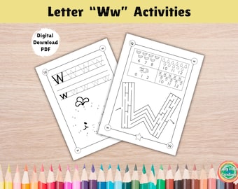 Letter W Activity Sheet, Preschool Alphabet Curriculum Letter of the Week, Counting to 10 Practice, Kindergarten Handwriting Letter Tracing
