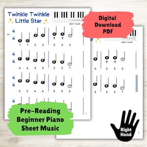 Pode incluir: Uma partitura de piano imprimível para a música "Twinkle Twinkle Little Star" com notas e números de dedos para um pianista iniciante. A partitura é etiquetada como "Pre-Reading Beginner Piano Sheet Music".