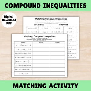 May include: A digital PDF worksheet titled "Compound Inequalities" with a matching activity. The worksheet includes problems, solutions, and intervals. The text "Matching: Compound Inequalities" is displayed on the worksheet.