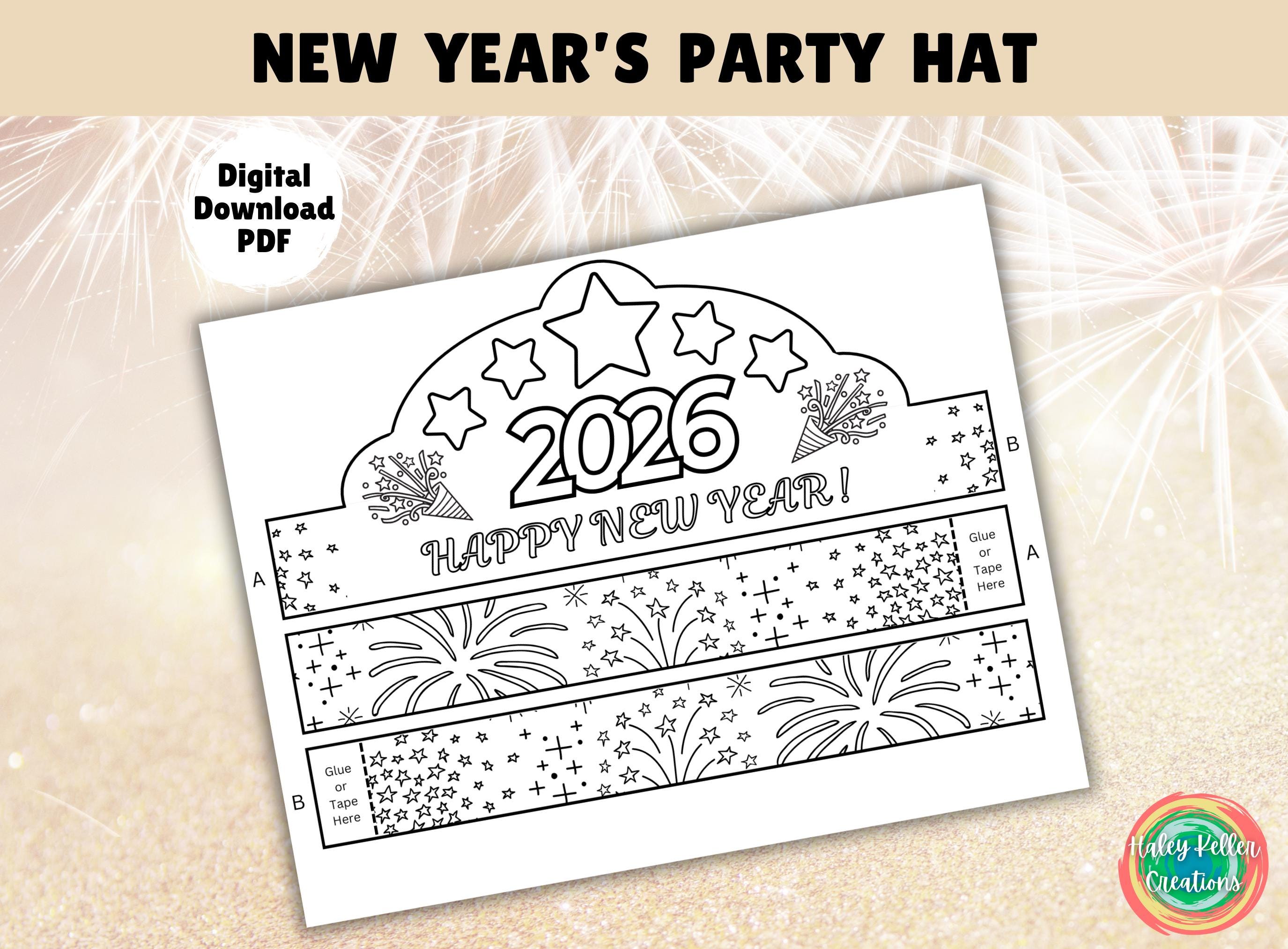 2026 new year party hat, kids new year's eve coloring activity