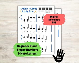 Twinkle Little Star Easy Piano Song, Piano Sheet Music for Kids, Simple Piano Song for Beginners Learning Notes One Hand, Printable PDF