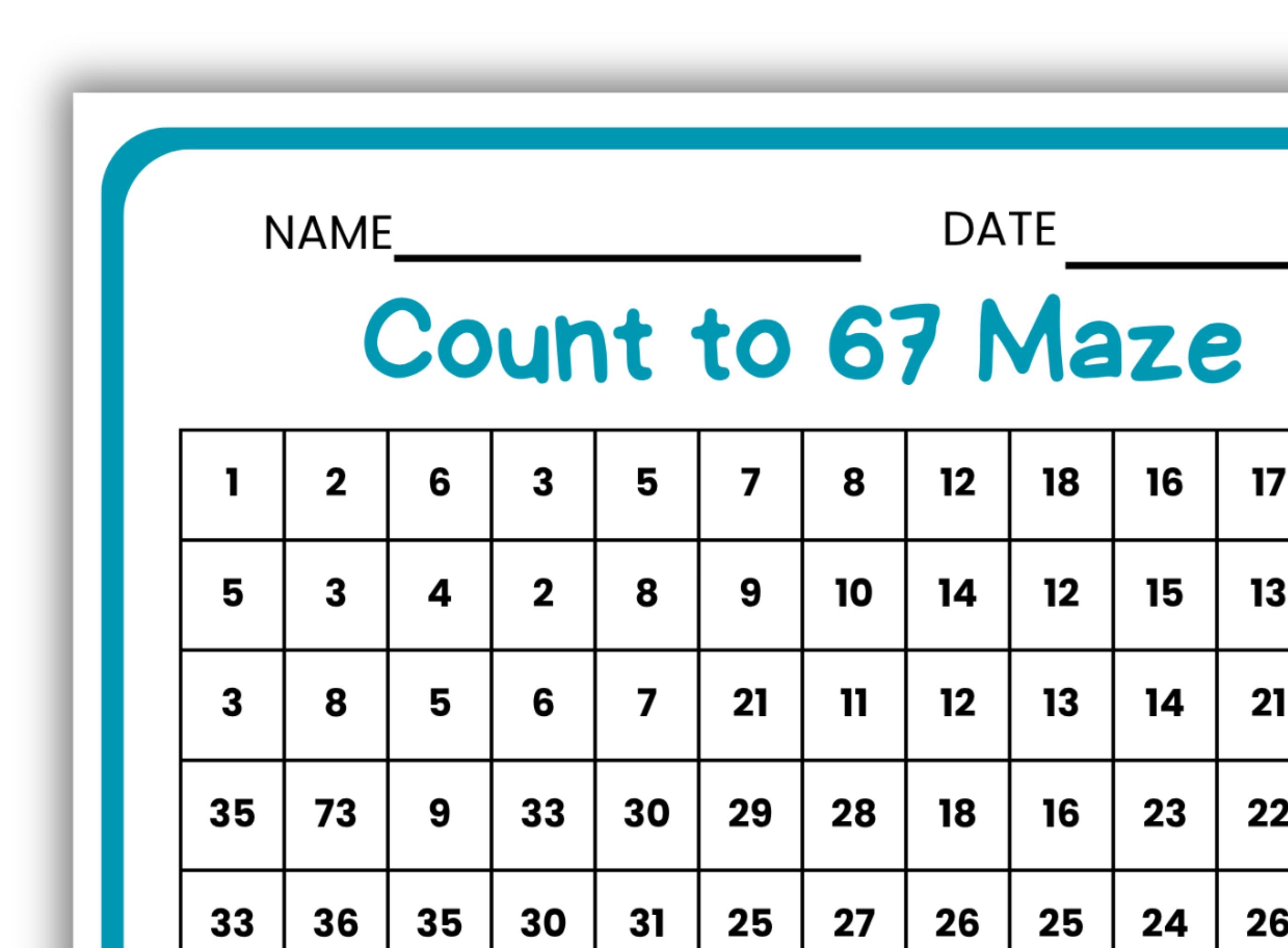 Counting to 67 Maze Activity, 6-7 Days of School Classroom Party Game ...
