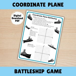 May include: A digital download PDF of a Battleship game. The game features a coordinate plane grid with instructions and illustrations of ships. The text "Coordinate Plane" and "Battleship Game" are displayed at the top and bottom.