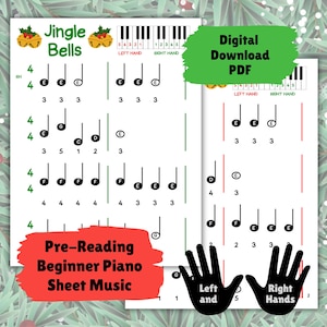以下が含まれることがあります： 「ジングルベル」の曲が掲載された、初心者向けピアノ楽譜。楽譜は音符付きの白い2ページに表示され、「Digital Download PDF」の文字が見えます。「Pre-Reading Beginner Piano Sheet Music」の文字も表示されています。
