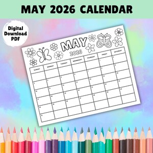 Peut inclure: Calendrier de mai 2026 en noir et blanc avec des illustrations florales et de papillons. Le calendrier est un PDF téléchargeable numériquement. Le fond est un mélange coloré de bleus, de roses et de verts, avec une rangée de crayons de couleur en bas.
