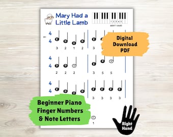 Mary Had a Little Lamb Easy Piano Song, Piano Sheet Music for Kids, Simple Piano Song for Beginners Learning Notes, Digital Download PDF