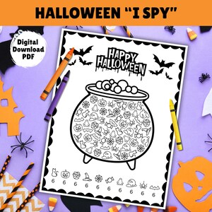Ich spione Halloween aus Kinderparty-Aktivität, Klassenzimmer-Halloween-Färbung Look and Find Printable, Kinder-Halloween-Spiele Suchen und Finden, Zählen