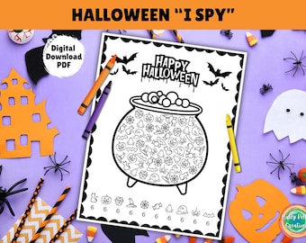 I Spy Halloween Kids Party Activity, Classroom Halloween Coloring Look and Find Printable, Children Halloween Games Seek and Find Counting