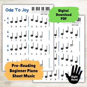 Könnte beinhalten: Ein druckbares Klavierblatt für das Lied "Freude schöner Götterfunken" für Anfänger am Klavier. Die Noten sind nur für die rechte Hand und enthalten die Noten für die Melodie. Das Notenblatt ist mit "Vorlesen Anfänger Klavier Notenblatt" beschriftet.