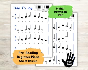 Ode To Joy Printable Beginner Piano Pre-Reading, Pre Staff Easy Piano Sheet Music, Kids Beginning Piano Pre Reading, Pre-Staff One Hand