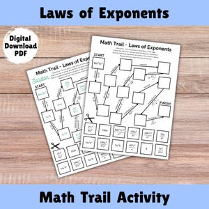 Puede incluir: Una actividad de recorrido matemático imprimible en blanco y negro para que los estudiantes practiquen las leyes de los exponentes. El tablero del juego presenta un camino con casillas que contienen problemas matemáticos y una clave de solución.