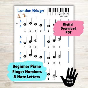 London Bridge Easy Piano Song, Piano Sheet Music for Kids, Simple Piano Song for Beginners Learning Notes, Printable Digital Download PDF
