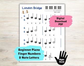 London Bridge Easy Piano Song, Piano Sheet Music for Kids, Simple Piano Song for Beginners Learning Notes, Printable Digital Download PDF