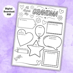 Plantilla para rellenar "Todo sobre mi abuela", actividad para el Día de los Abuelos, página para colorear imprimible para la abuela, regalo de recuerdo para niños.