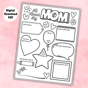 All About My Mom Fill In Template, Mother&#39;s Day Activity, Mother&#39;s Day Printable Coloring Page for Mom, Keepsake Kids Gift for Mom Download