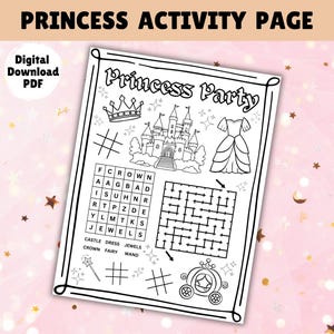 Princess Party Placemat, Printable Princess Coloring Activity Page, Download Fairytale Party Colouring Worksheet, Birthday Party Favor