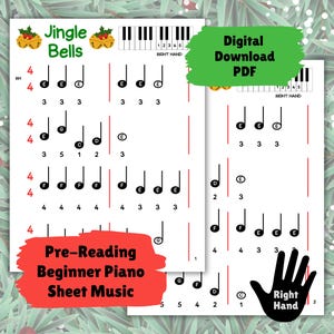 May include: Sheet music for the song "Jingle Bells" for beginner piano players. The sheet music is white with black notes and red vertical lines. The text "Digital Download PDF" and "Pre-Reading Beginner Piano Sheet Music" are also visible.