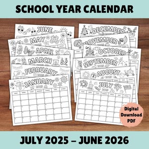 2025-2026 School Year Coloring Calendar, 25-26 Academic Yearly Calendar Printable Activity for Kids, 2025 School Calendar Bundle Download