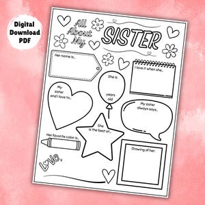 Alles over mijn zus invulsjabloon, activiteit broer of zus, afdrukbare kleurplaat verjaardag van mijn zus, aandenken kindercadeau voor zus