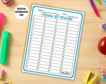 I Know 67 Words Classroom Party Activity, 6-7 Days of School, direct downloaden voor docenten, lijst met zes zeven woorden afdrukbaar werkblad