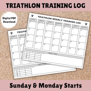 May include: A printable black and white triathlon training log with a weekly schedule for Sunday through Saturday. The log includes space for recording activity, time, distance, and notes. The log also includes a section for weekly totals.