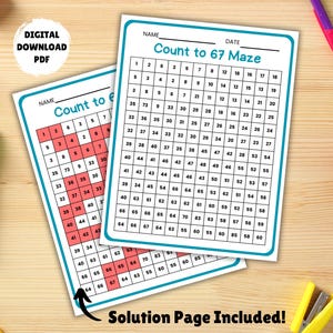 May include: Two printable mazes labeled "Count to 67 Maze" with a grid of numbers. One maze is partially colored in red. The phrase "Solution Page Included!" is at the bottom. The image includes a red apple, markers, and a pencil sharpener.