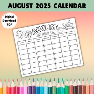 August 2025 Coloring Calendar Printable August Calendar Activity, Monthly Coloring for Kids, Teacher Classroom Calendar August 2025 Download