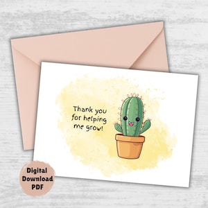 Carte de remerciement imprimable pour enseignant, cactus mignon Merci de m'avoir aidé à grandir, carte téléchargeable pour enseignant, carte de remerciement pour enseignant