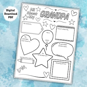 All About My Grandpa Fill In Template, Grandparents Day Activity, Printable Coloring Page for Grandfather, Kids Keepsake Gift for Grandpa