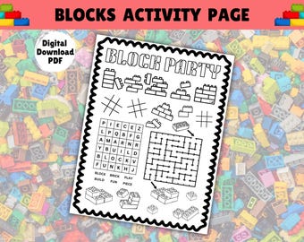 Building Blocks Placemat, Printable Building Bricks Coloring Activity Page, Download Block Party Colouring Worksheet, Birthday Party Favor