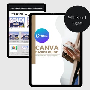 Puede incluir: Una tableta digital que muestra una Guía Básica de Canva con derechos de reventa. La guía presenta a una mujer usando un teléfono inteligente y el logotipo de Canva. El texto "With Resell Rights" está en un círculo negro.