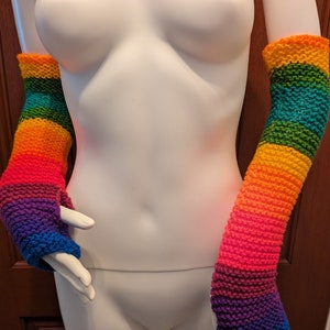 Rainbow Hand-Knitted Arm Warmers with Thumb Holes