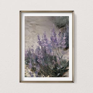 Lavender flowers with soft brushstrokes in muted tones. Printable and downloadable botanical artwork for rustic or cottagecore decor.