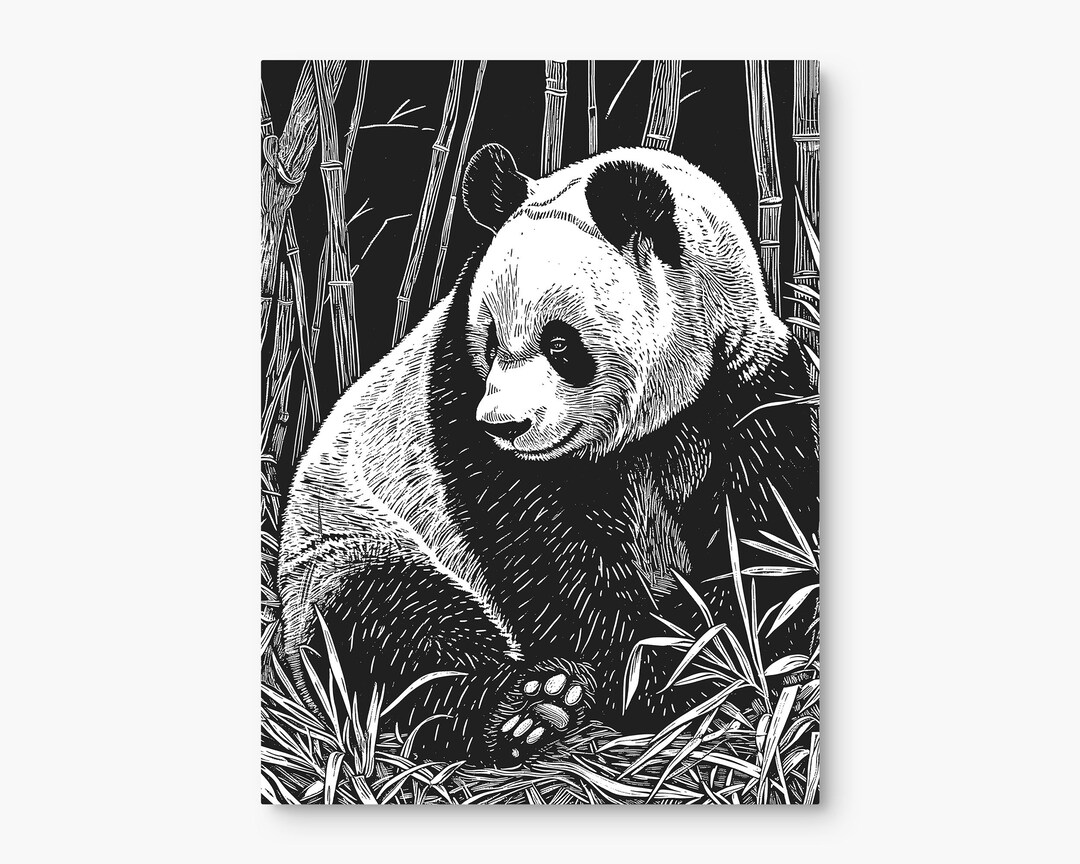 Panda Bear Linocut Art Prints Black White Panda Bear Poster Linocut Animal Art Decor Linocut