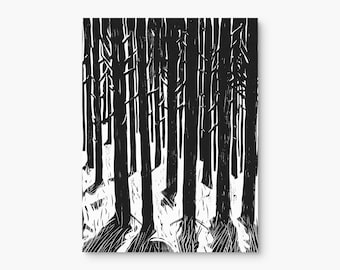 Verschneite Waldlandschaft | Schwarz Weiß Linolschnitt Kunst Poster | Verschneiter Wald Linolschnitt Kunstdrucke | Natur Linoldruck Wand Kunst Dekor | Sofort Download