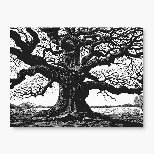 Large Old Oak Tree | Lino Print Nature Wall Art Decor | Black White Linoleum Art Poster | Linocut Old Oak Tree Art Prints | Instant Download