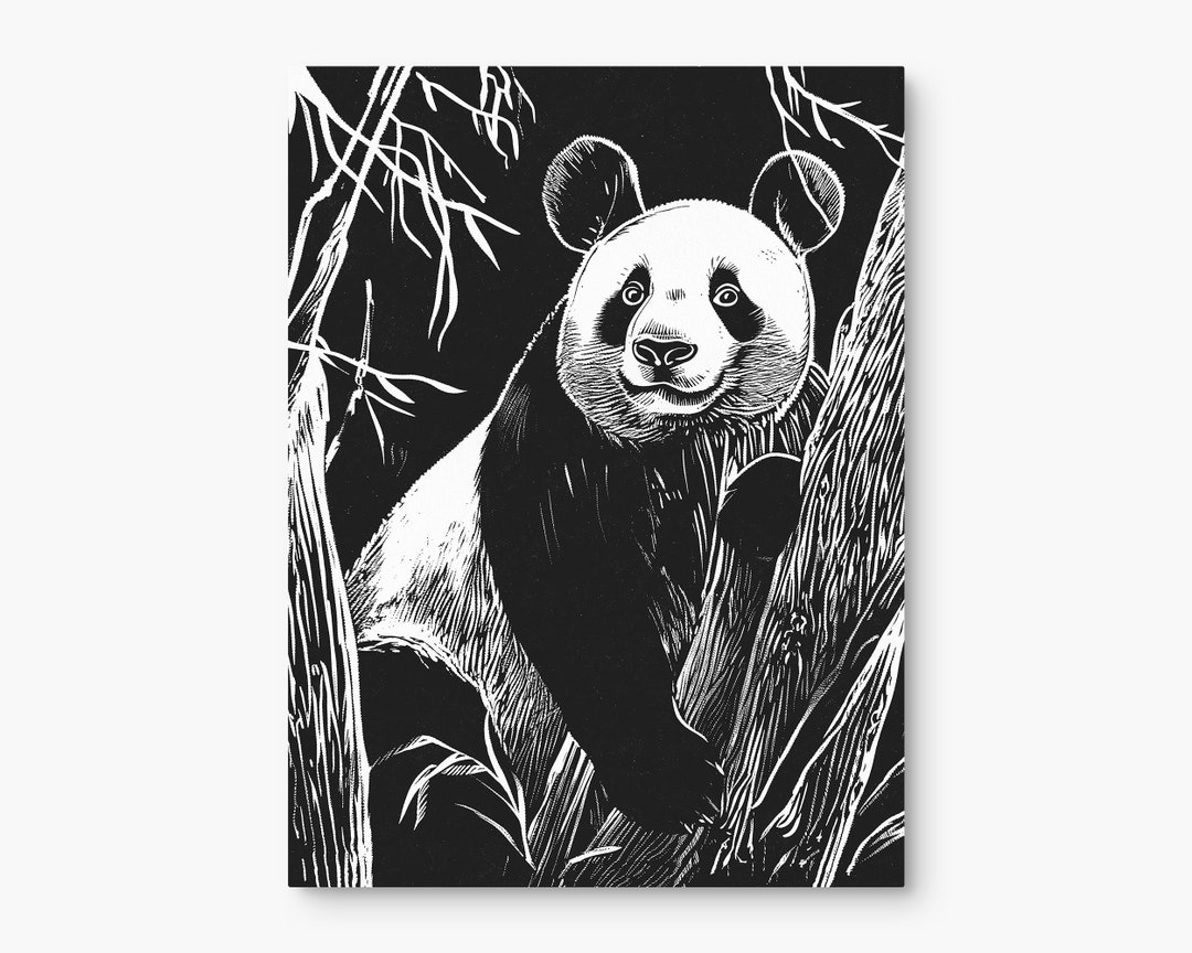 Cute Panda Bear Digital Printmaking Art Print Animal Linoleum Art Bear ...