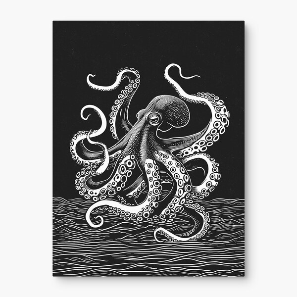 Octopus Over Sea | Linocut Art Prints | Black White Mollusk Poster | Linoleum Animal Art | Linocut Octopus Wall Art Decor | Instant Download