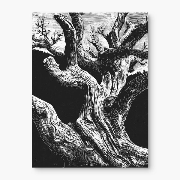 Old Tree Trunk | Wooden Texture Wall Art | Printable Linocut Relic Tree | Linocut Art Prints | Black & White Botanic Art | Instant Download