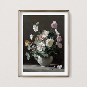 Vintage Floral Oil Painting: Garden Blooms in Vase (Digital Download)