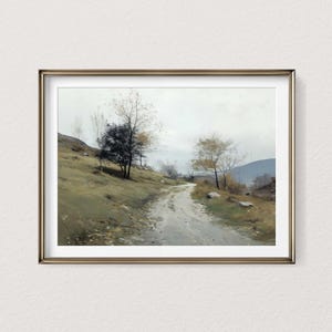 Serene oil painting of a winding rural path on a hillside with trees. Printable and downloadable artwork for rustic or farmhouse interiors.
