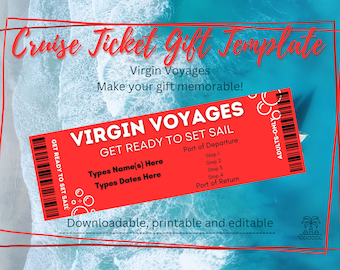 May include: A red and white printable cruise ticket template for Virgin Voyages. The template includes the text "Get Ready to Set Sail" and has space to fill in the passenger's name, dates, and itinerary. The template is downloadable, printable, and editable.