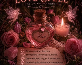 May include: A heart-shaped glass bottle filled with pink liquid, labeled "Love Spell." The image includes pink roses, crystals, a lit candle, and the text "Love Spell: A Spell for Genuine, Lasting Love."
