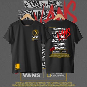May include: A black short-sleeve t-shirt featuring a National Geographic and Vans collaboration design. The front displays a circular logo and a yellow square logo. The back features a stacked graphic of Vans logos and text.