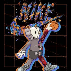 May include: Illustration of a cartoon figure with exposed anatomy, holding a basketball. The figure is wearing gray shorts, a gray shirt, and gray sneakers. The word "NIKE" is stylized above the figure in blue, orange, and purple. The background is black with an orange grid.
