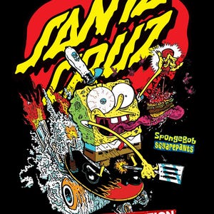 Könnte beinhalten: Grafische Illustration von SpongeBob Schwammkopf beim Skateboarden mit einem Santa Cruz-Logo. Das Design umfasst Flammen, einen Burger und die Texte "LIMITED EDITION" und "SpongeBob SquarePants" auf schwarzem Hintergrund.