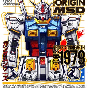 May include: Poster featuring a detailed illustration of a Gundam robot, with a color scheme of white, blue, red, and yellow. The poster includes the NASA logo, Japanese text, and the text "PROTECTING EARTH SINCE 1979".