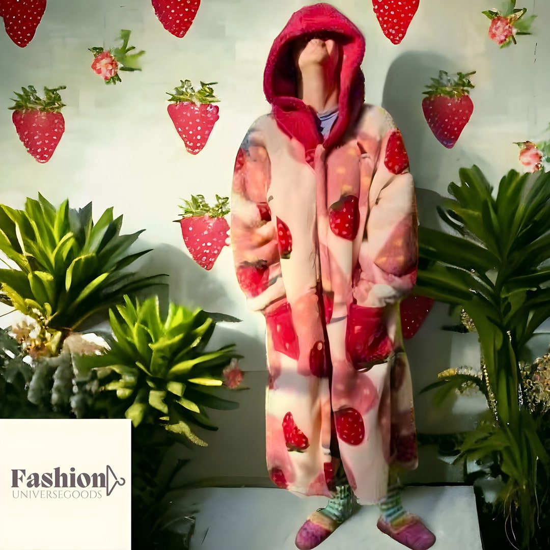 Womens Red Fleece Strawberry Robe Pajamas Red Strawberry Oversized