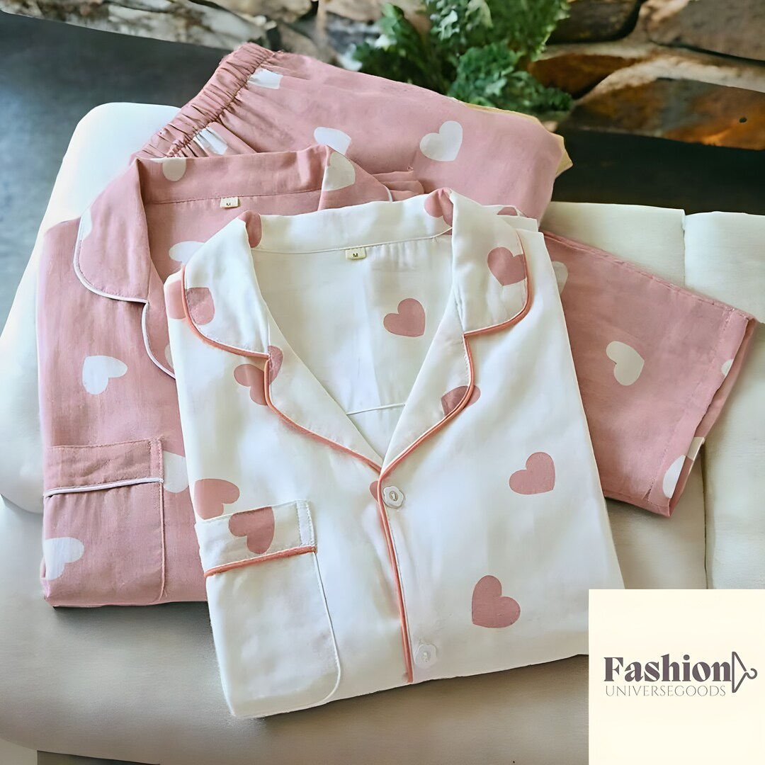 Womens Heart Print Valentines Pajamas Pink White Valentines Day Pyjamas